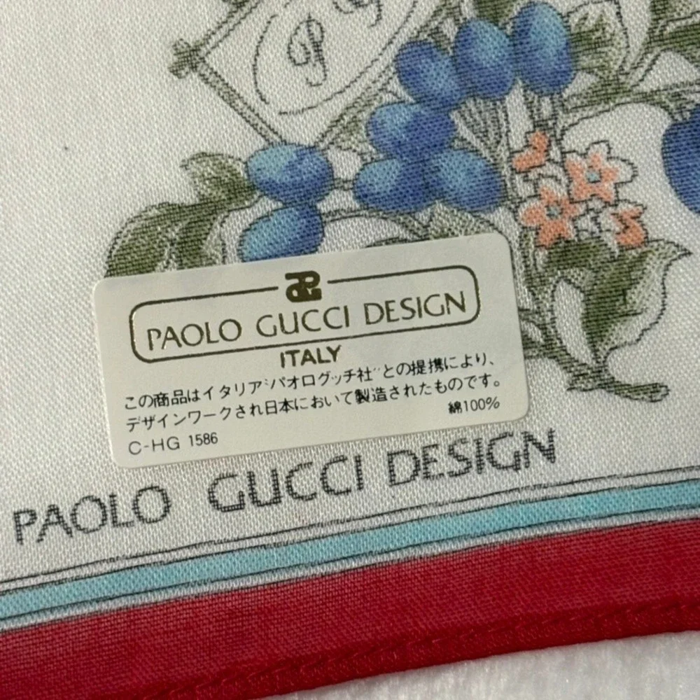 Vtg PAOLO GUCCI DESIGN Scarf Handkerchief Floral Fruit Cotton White Red 16.5